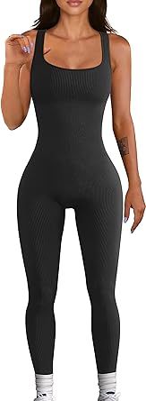 YIOIOIO Women Workout Seamless Jumpsuit Yoga Ribbed Bodycon One Piece Square Neck Leggings Romper